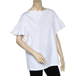 Pre Owned Salvatore Ferragamo White Cotton Ruffle Trim Top M