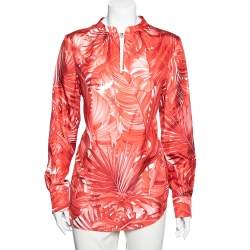 Salvatore Ferragamo Red Leaf Printed Silk Long Sleeve Blouse M