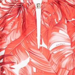 Salvatore Ferragamo Red Leaf Printed Silk Long Sleeve Blouse M