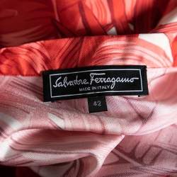 Salvatore Ferragamo Red Leaf Printed Silk Long Sleeve Blouse M