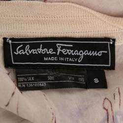 Pre Owned Salvatore Ferragamo Cream Printed Silk Knit V-Neck Top S