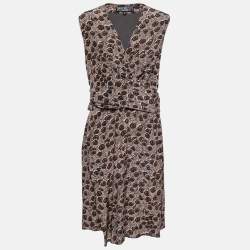 Pre Owned Salvatore Ferragamo Brown Peacock Feather Printed Silk Sleeveless Dress L