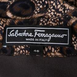Pre Owned Salvatore Ferragamo Brown Peacock Feather Printed Silk Sleeveless Dress L