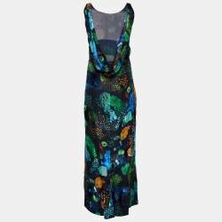 Salvatore Ferragamo Black Printed Silk Draped Back Neck Maxi Dress M
