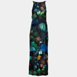 Salvatore Ferragamo Black Printed Silk Draped Back Neck Maxi Dress M