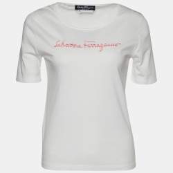 Pre Owned Salvatore Ferragamo White Logo Embroidered Cotton Round Neck T-Shirt M