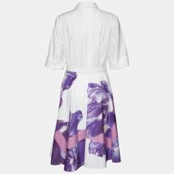 Salvatore Ferragamo White & Purple Floral Print Cotton Shirt Dress M