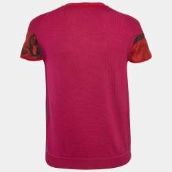 Pre Owned Salvatore Ferragamo Pink Printed Silk and Wool Knit Short Sleeve T-shirt S
