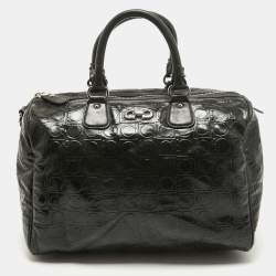Pre Owned Salvatore Ferragamo Black Gancini Embossed Glossy Leather Boston Bag