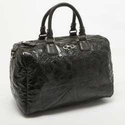 Pre Owned Salvatore Ferragamo Black Gancini Embossed Glossy Leather Boston Bag