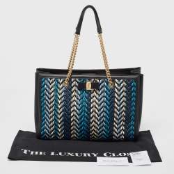 Pre Owned Salvatore Ferragamo Black/Blue Woven Leather Vara Bow Tote