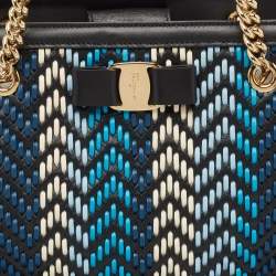 Pre Owned Salvatore Ferragamo Black/Blue Woven Leather Vara Bow Tote