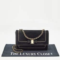 Pre Owned Salvatore Ferragamo Black/Gold Suede Ginny Shoulder Bag