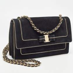 Pre Owned Salvatore Ferragamo Black/Gold Suede Ginny Shoulder Bag