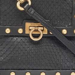 Pre Owned Salvatore Ferragamo Black Python Mini Studded Sofia Top Handle Bag