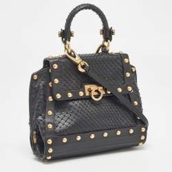 Pre Owned Salvatore Ferragamo Black Python Mini Studded Sofia Top Handle Bag
