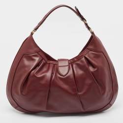 Pre Owned Salvatore Ferragamo Burgundy Pleated Leather Gancini Flap Hobo