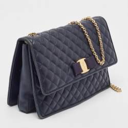 Pre Owned Salvatore Ferragamo Navy Blue Quilted Leather Vara Bow Chain Bag