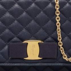 Pre Owned Salvatore Ferragamo Navy Blue Quilted Leather Vara Bow Chain Bag