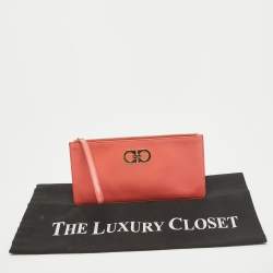 Salvatore Ferragamo Orange Leather Gancini Wristlet Clutch