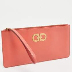 Salvatore Ferragamo Orange Leather Gancini Wristlet Clutch