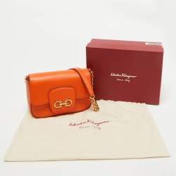 Pre Owned Salvatore Ferragamo Orange Leather Paris Crossbody Bag