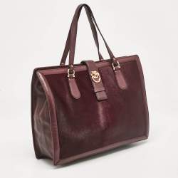 Pre Owned Salvatore Ferragamo Burgundy Calfhair and Leather Gancini Flap Tote
