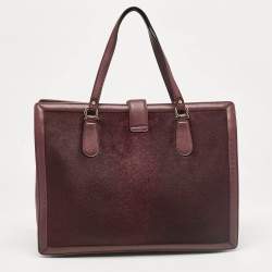 Pre Owned Salvatore Ferragamo Burgundy Calfhair and Leather Gancini Flap Tote