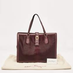 Pre Owned Salvatore Ferragamo Burgundy Calfhair and Leather Gancini Flap Tote