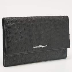 Salvatore Ferragamo Black Ostrich Leather Flap Slim Clutch