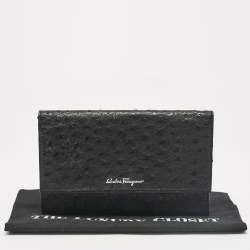 Salvatore Ferragamo Black Ostrich Leather Flap Slim Clutch