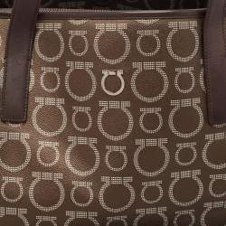 Salvatore Ferragamo Brown/Silver Gancini Printed Coated Canvas and Leather Zip Tote