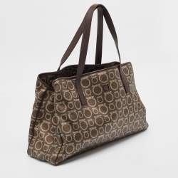 Salvatore Ferragamo Brown/Silver Gancini Printed Coated Canvas and Leather Zip Tote
