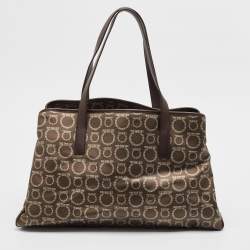 Salvatore Ferragamo Brown/Silver Gancini Printed Coated Canvas and Leather Zip Tote