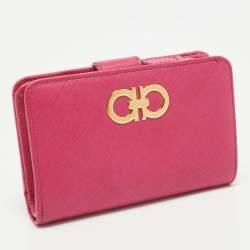 Pre Owned Salvatore Ferragamo Pink Leather Gancini French Wallet