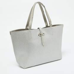Salvatore Ferragamo Light Grey Embossed Leather Bice Tote
