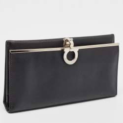 Salvatore Ferragamo Black Leather Gancini Clasp Continental Wallet