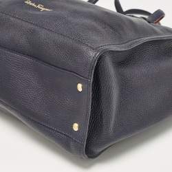 Pre Owned Salvatore Ferragamo Navy Blue Leather Medium Amy Tote