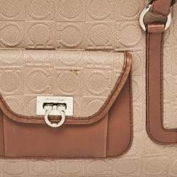Salvatore Ferragamo Beige/Brown Gancini Embossed Leather Zip Satchel
