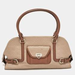 Salvatore Ferragamo Beige/Brown Gancini Embossed Leather Zip Satchel