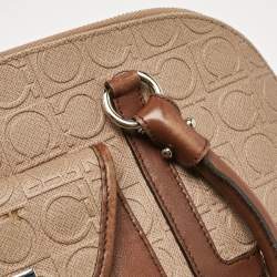 Salvatore Ferragamo Beige/Brown Gancini Embossed Leather Zip Satchel