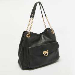 Pre Owned Salvatore Ferragamo Black Leather Sheba Chain Tote
