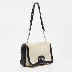 Pre Owned Salvatore Ferragamo Black/Off White Leather Gancini Shoulder Bag