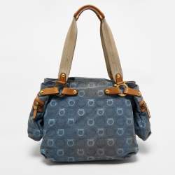Salvatore Ferragamo Blue Gancini Print Denim and Leather Multiple Pocket Shoulder Bag