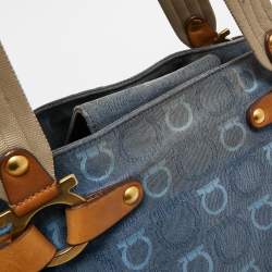 Salvatore Ferragamo Blue Gancini Print Denim and Leather Multiple Pocket Shoulder Bag