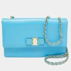 Pre Owned Salvatore Ferragamo Light Blue Leather Ginny Shoulder Bag