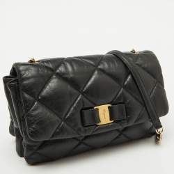 Pre Owned Salvatore Ferragamo Black Quilted Leather Vara Bow Chain Shoulder Bag