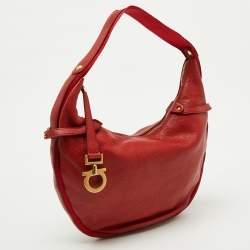 Salvatore Ferragamo Bright Red Leather and Fabric Logo Hobo
