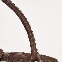 Salvatore Ferragamo Dark Brown Nubuck and Leather Woven Gancini Flap Satchel