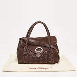Salvatore Ferragamo Dark Brown Nubuck and Leather Woven Gancini Flap Satchel